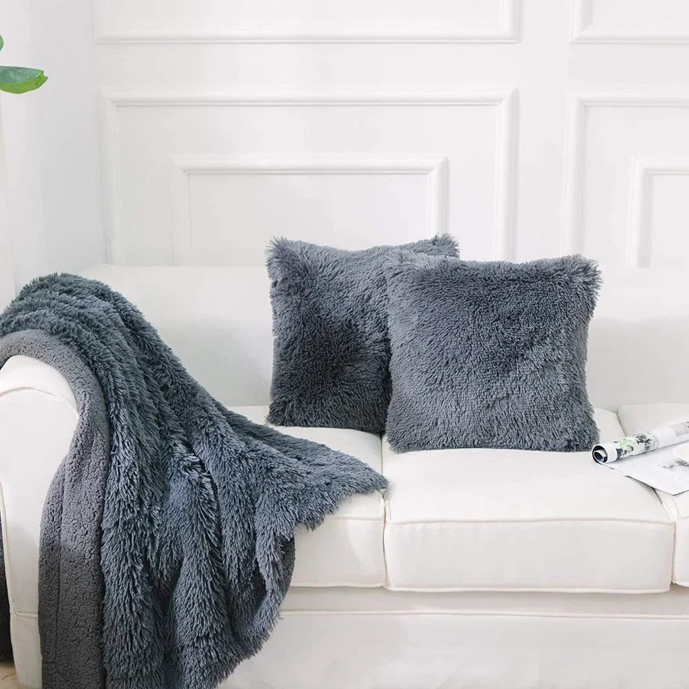Deep Gray Luxury Furry Soft Adorable Trendy Pompom Throw Pillow Decor Cover Set